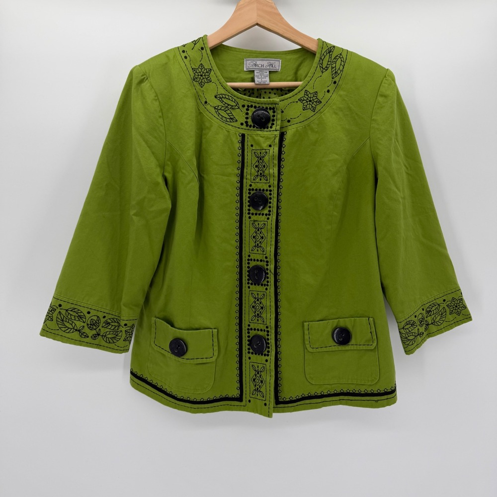 Birch Hill Green Cotton Embroidered Button Front Jacket 3/4 Sleeve L